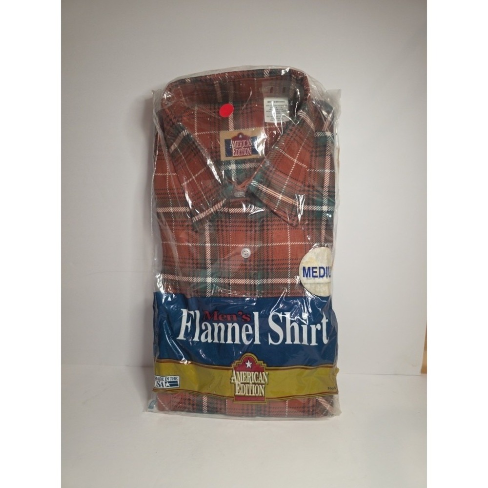 American Edition Flannel Shirt Mens M Orange Plaid Long Sleeve Cotton Made USA
